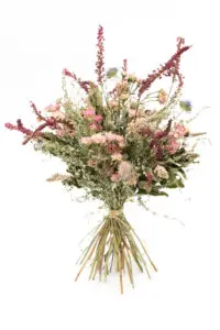 zartrosa Strauss mit Rösli, Schneefelberich, Rotem Knöterich, Witwenblume und Bachnelkenwurz