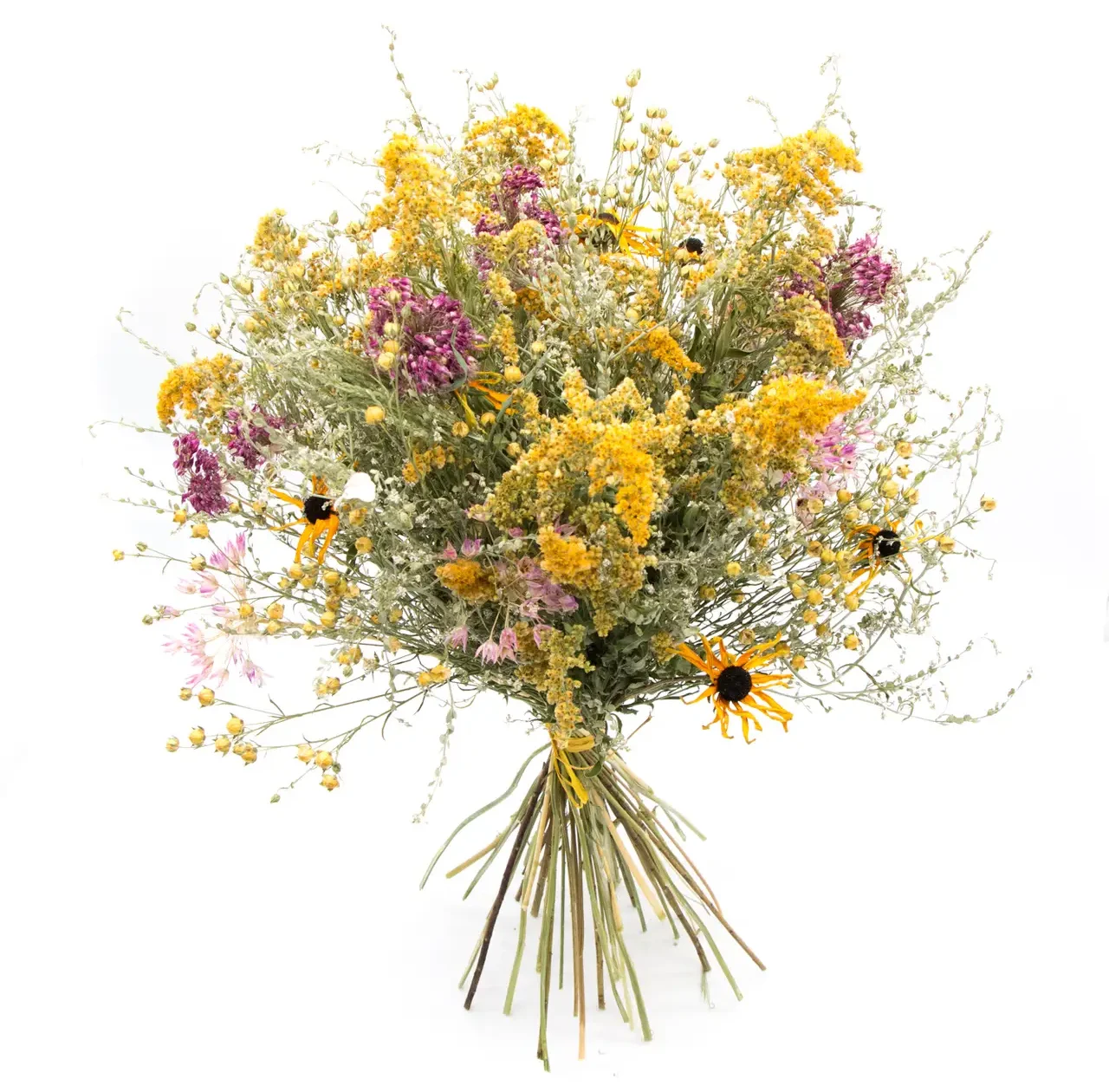 Sonnengelber Strauss mit rosa Lauchblüten